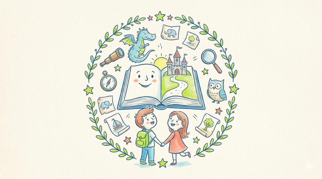 Ilustración de niños leyendo dentro de una corona decorativa, que representa pasajes de lectura imprimibles para tercer grado.