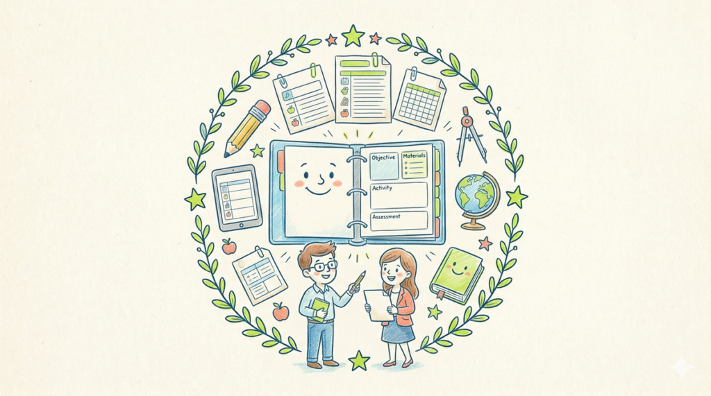 Ilustración de dos profesores con libros y papeles dentro de una corona decorativa, representando plantillas de planes de lecciones editables