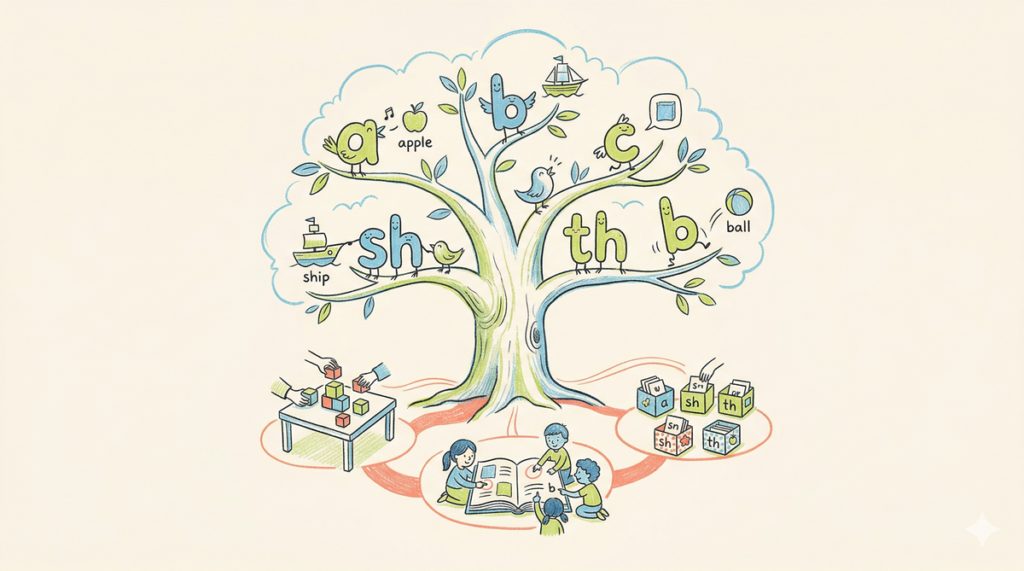 Ilustración de un árbol fonético de aula con letras, íconos y niños que representan métodos y actividades de enseñanza de fonética.