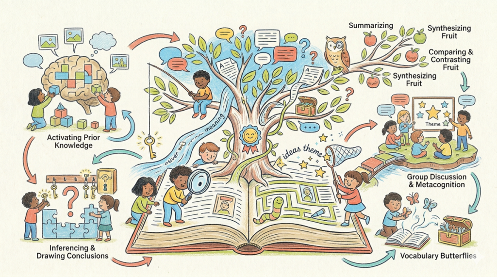 Ilustración de un libro abierto que se convierte en un árbol con niños y conceptos de comprensión lectora a su alrededor.