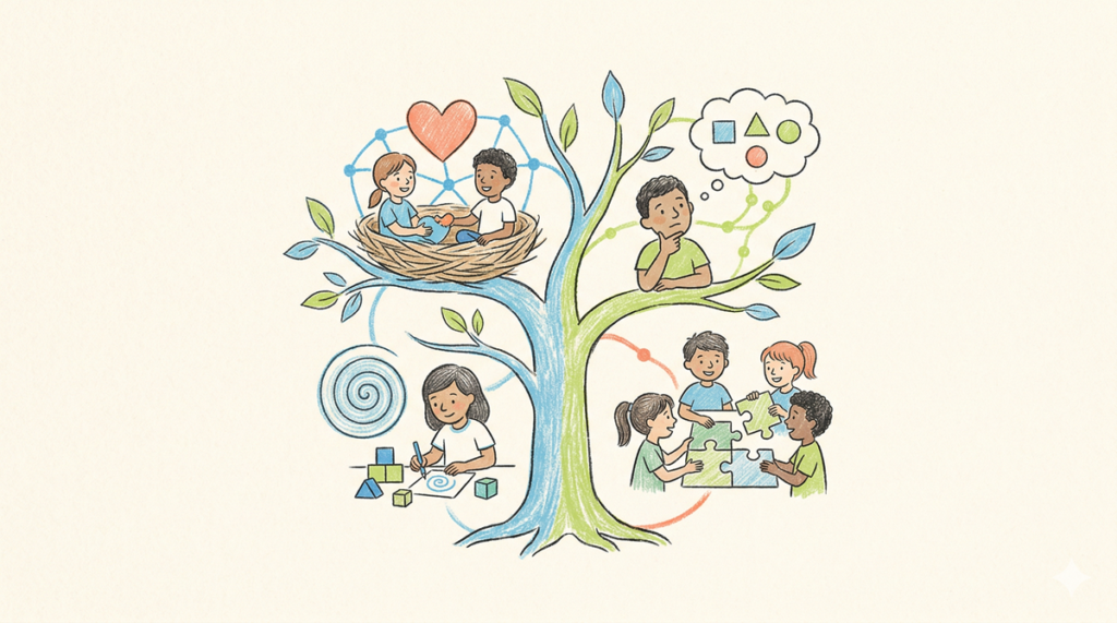 Ilustración de niños e iconos de SEL alrededor de un árbol que representa el aprendizaje socioemocional en el aula.