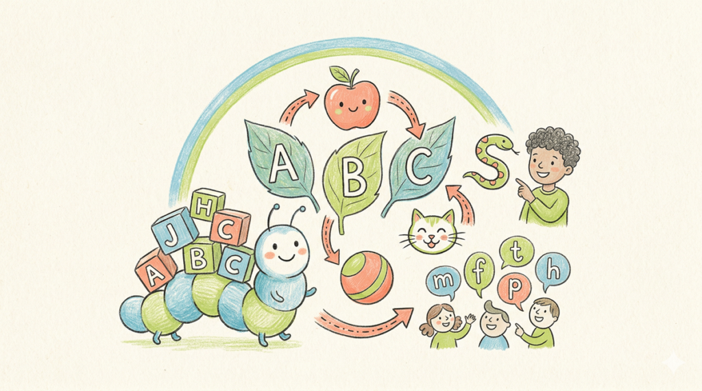 Ilustración de personajes coloridos con las letras A, B y C representando hojas de trabajo de fonética para jardín de infantes.