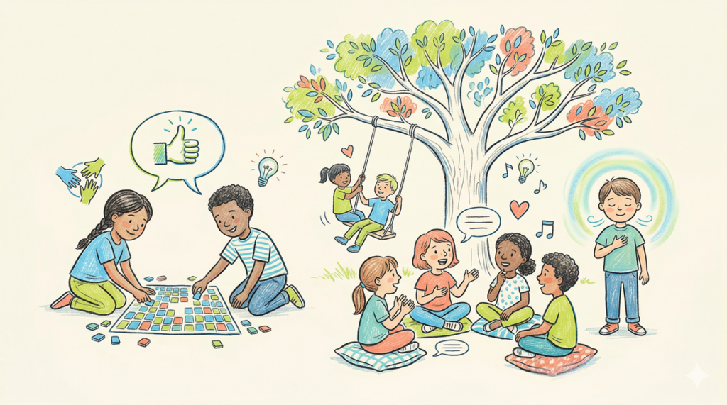 Ilustración de niños realizando actividades de aprendizaje socioemocional bajo un árbol con íconos coloridos de aprendizaje socioemocional.