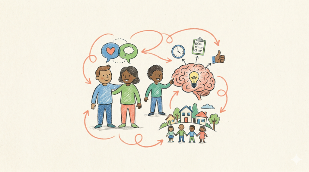 Ilustración de adultos y niños rodeados de íconos de SEL que representan emociones, comunicación y aprendizaje socioemocional.