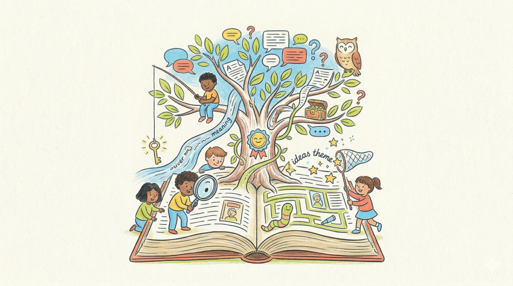 Ilustración de un libro abierto con íconos y personajes coloridos que representan habilidades de lectura, aprendizaje y comprensión.