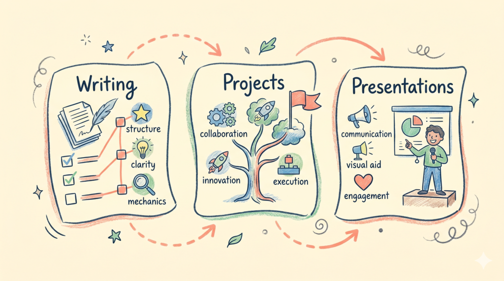 Ilustración que muestra ejemplos de rúbricas para escritura, proyectos y presentaciones con iconos que representan diferentes categorías de evaluación.