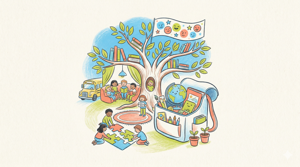 Ilustración de un colorido árbol escolar con libros, material y iconos de aprendizaje que representan las actividades de la primera semana en el aula para maestros de primaria.