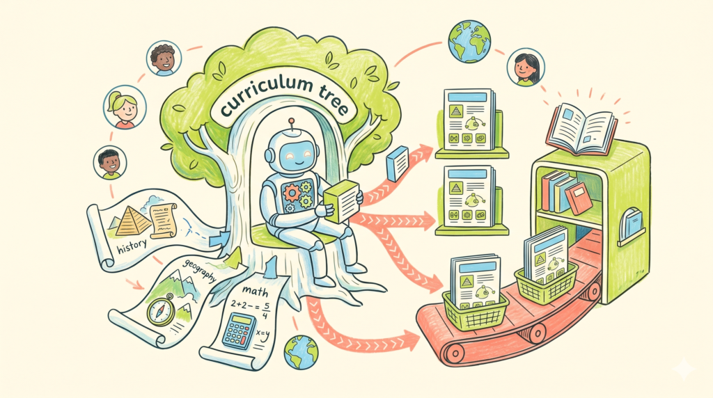 Ilustración que muestra la planificación automatizada de lecciones con íconos de libros, gráficos y herramientas digitales que representan cómo los maestros pueden crear planes de lecciones automáticamente.