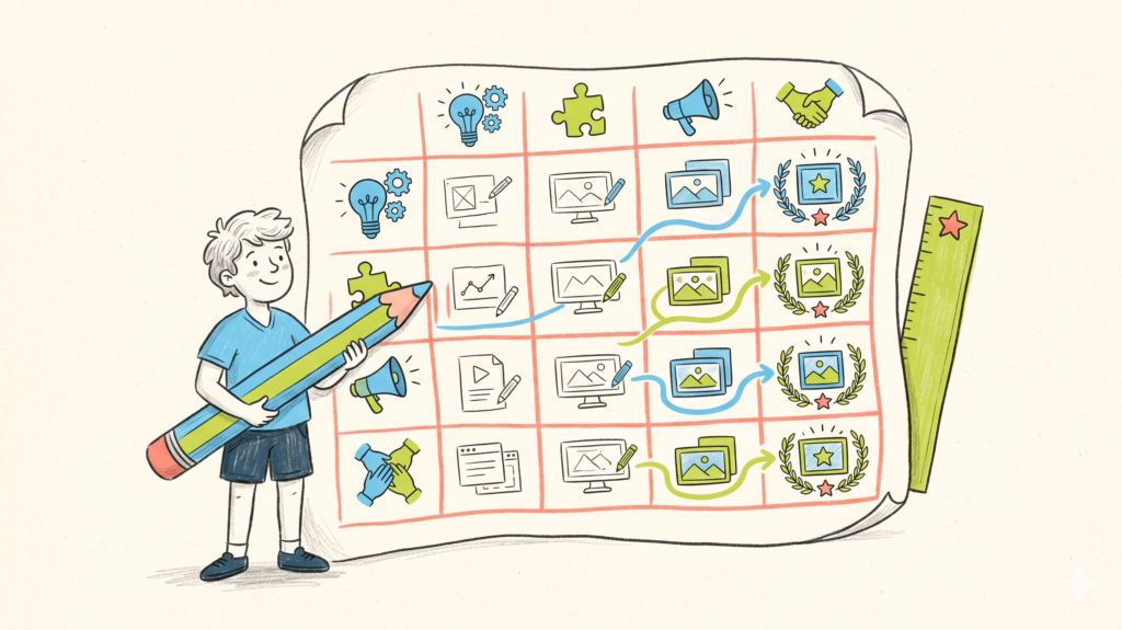 Ilustración de un profesor de pie junto a una gran tabla de rúbrica con iconos que representan la evaluación de proyectos estudiantiles.