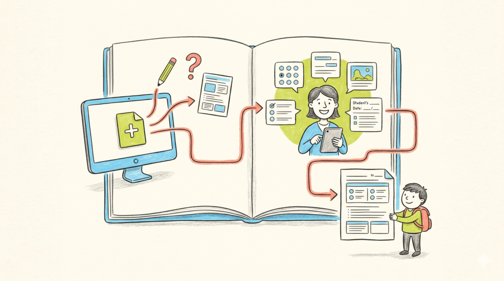 Ilustración de un libro abierto con iconos que representan la creación de hojas de trabajo y herramientas de enseñanza digital.