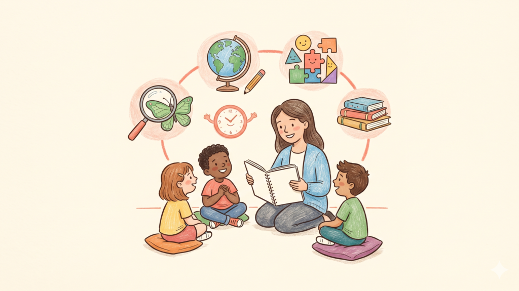 Ilustración de un profesor sentado con tres estudiantes, rodeado de iconos educativos que representan planes sustitutos efectivos.