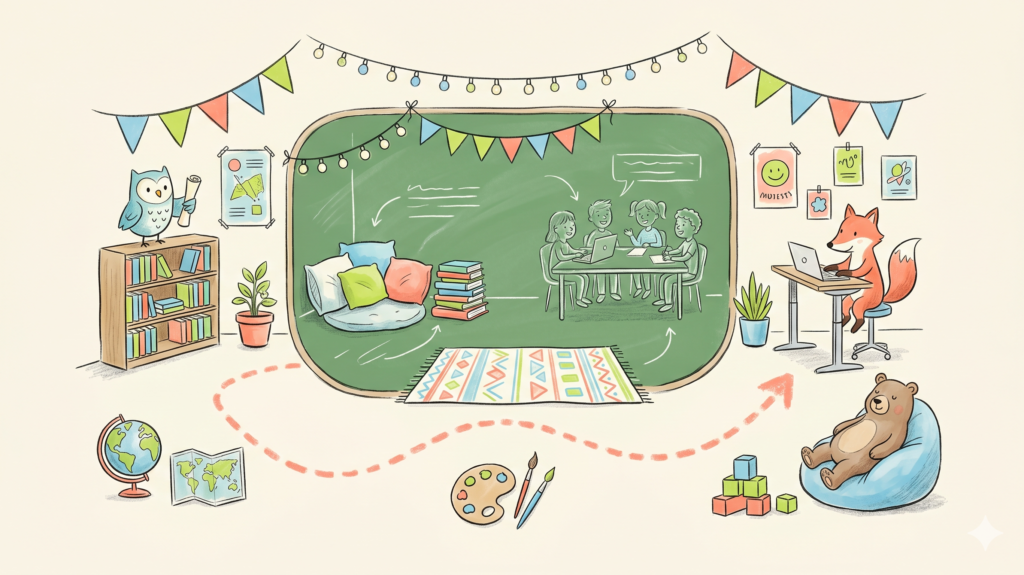 Ilustración de un aula moderna con pizarra, libros, plantas y decoración colorida para ideas de decoración escolar.
