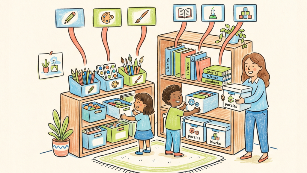 Ilustración de un aula organizada con estanterías, materiales y etiquetas visibles, utilizada por una maestra y dos estudiantes.
