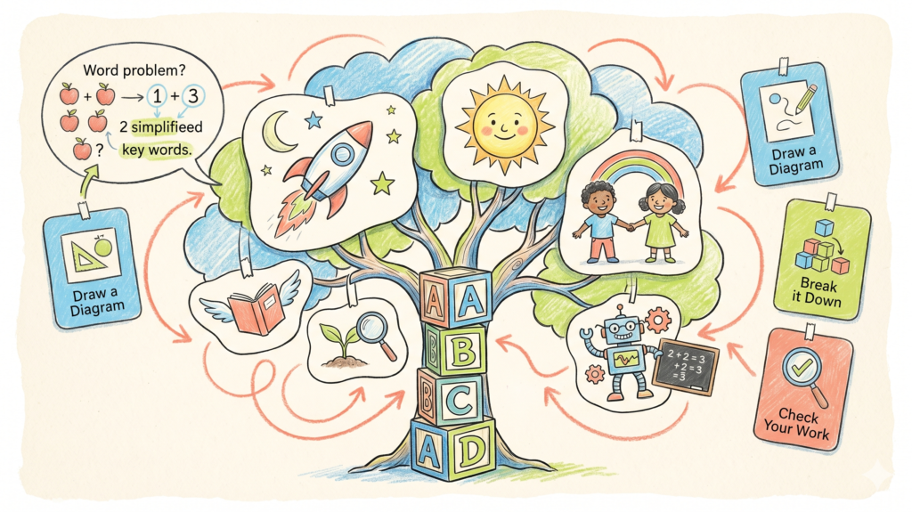 Ilustración de un árbol mural de palabras colorido en un aula con íconos y elementos de vocabulario para estudiantes de primaria.